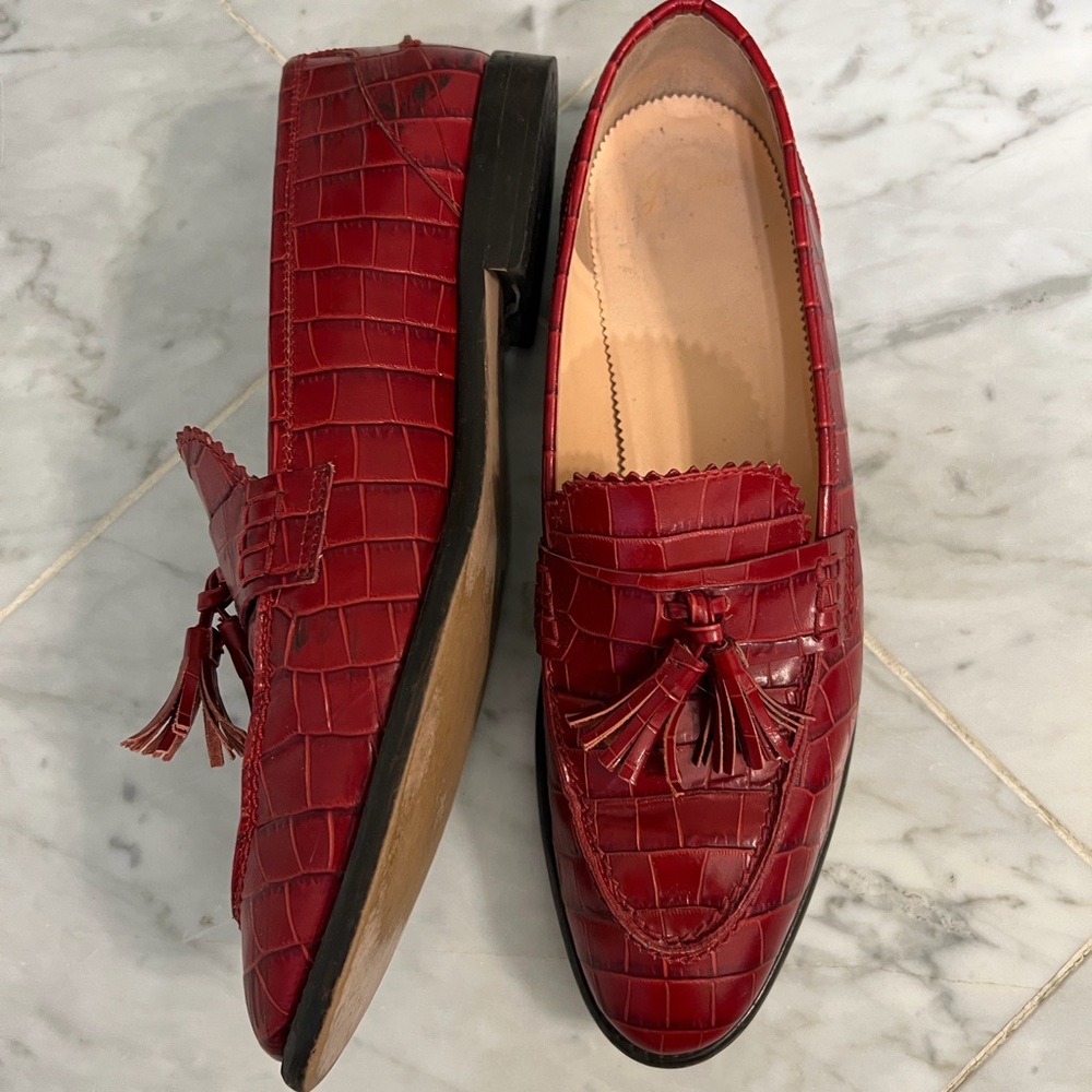J CREW RED CROC TASSLE LOAFERS SZ 11